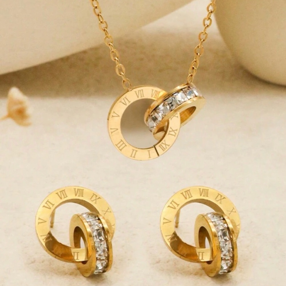 NWT Elegant Roman Buckle Gold Color Stainless Steel Zirconia Necklace Earrings